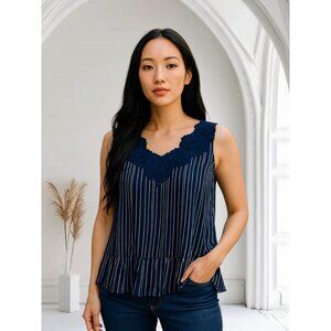 Chico's Sleeveless Blouse Chicos Size 1 US 8-10 M Black White Stripes Lace Neck